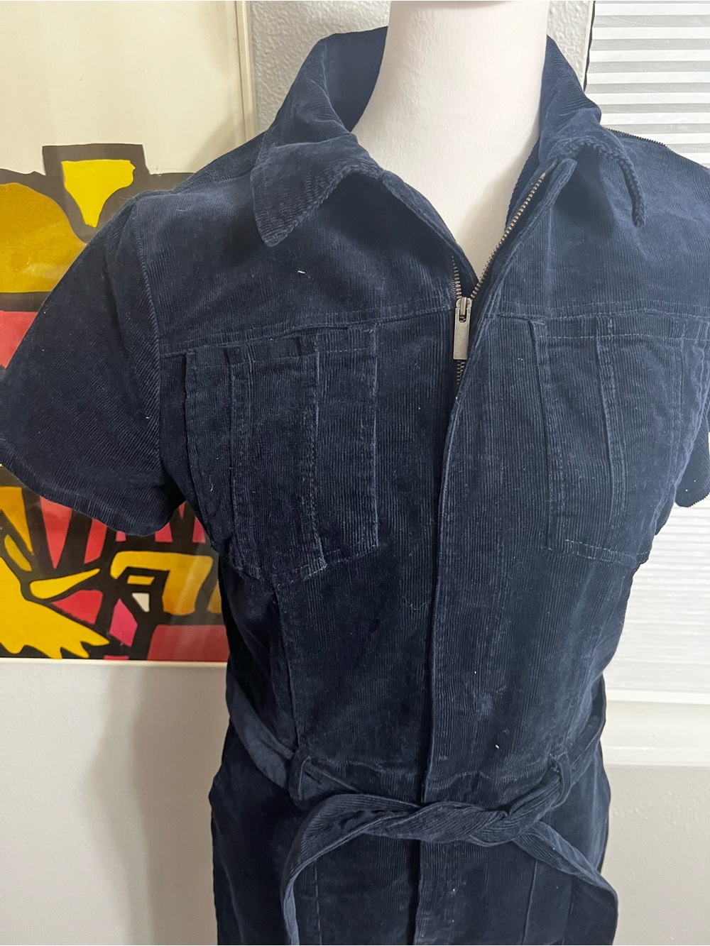 Habitual Navy Corduroy Short Sleeve Utility Chic Jumpsuit with Belt 6 Small - Picture 4 of 15